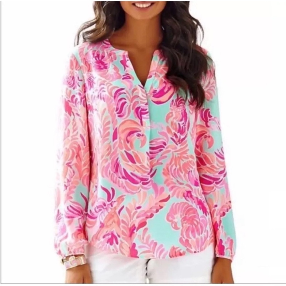 Lilly Pulitzer Stacey Silk Top – “Poolside Blue Love Birds”